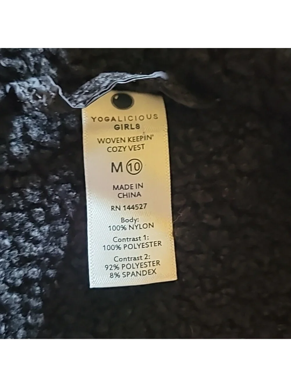 Yogalicious Quilted Puffer Vest, Size M (10), Black, Sherpa Lining